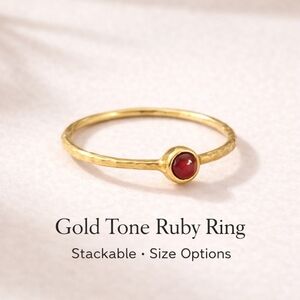 Gold Tone Ruby Ring – Hammered Stackable Band, Red Gemstone, Sizes 6.5 & 7.5
